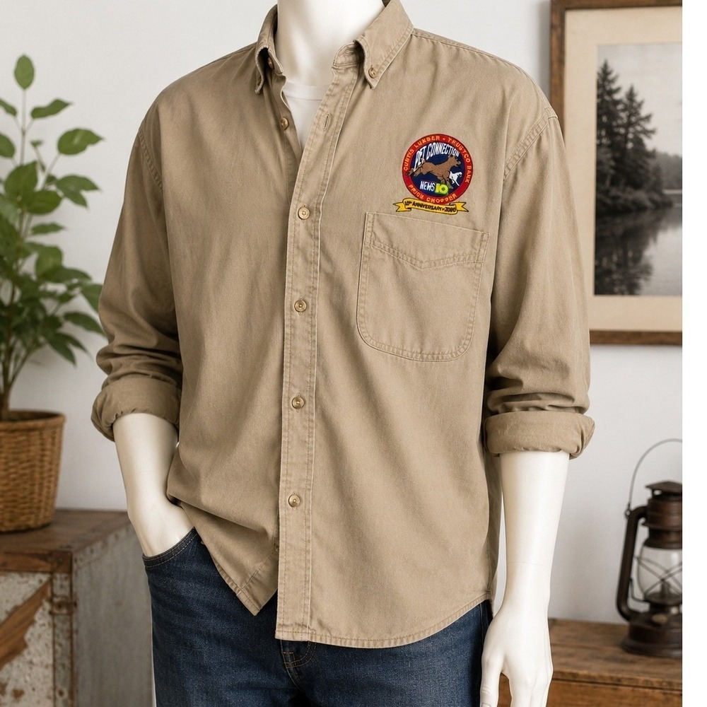 Harvard Square Mens Button Down Shirt Khaki Pet Connection Patch 2XL